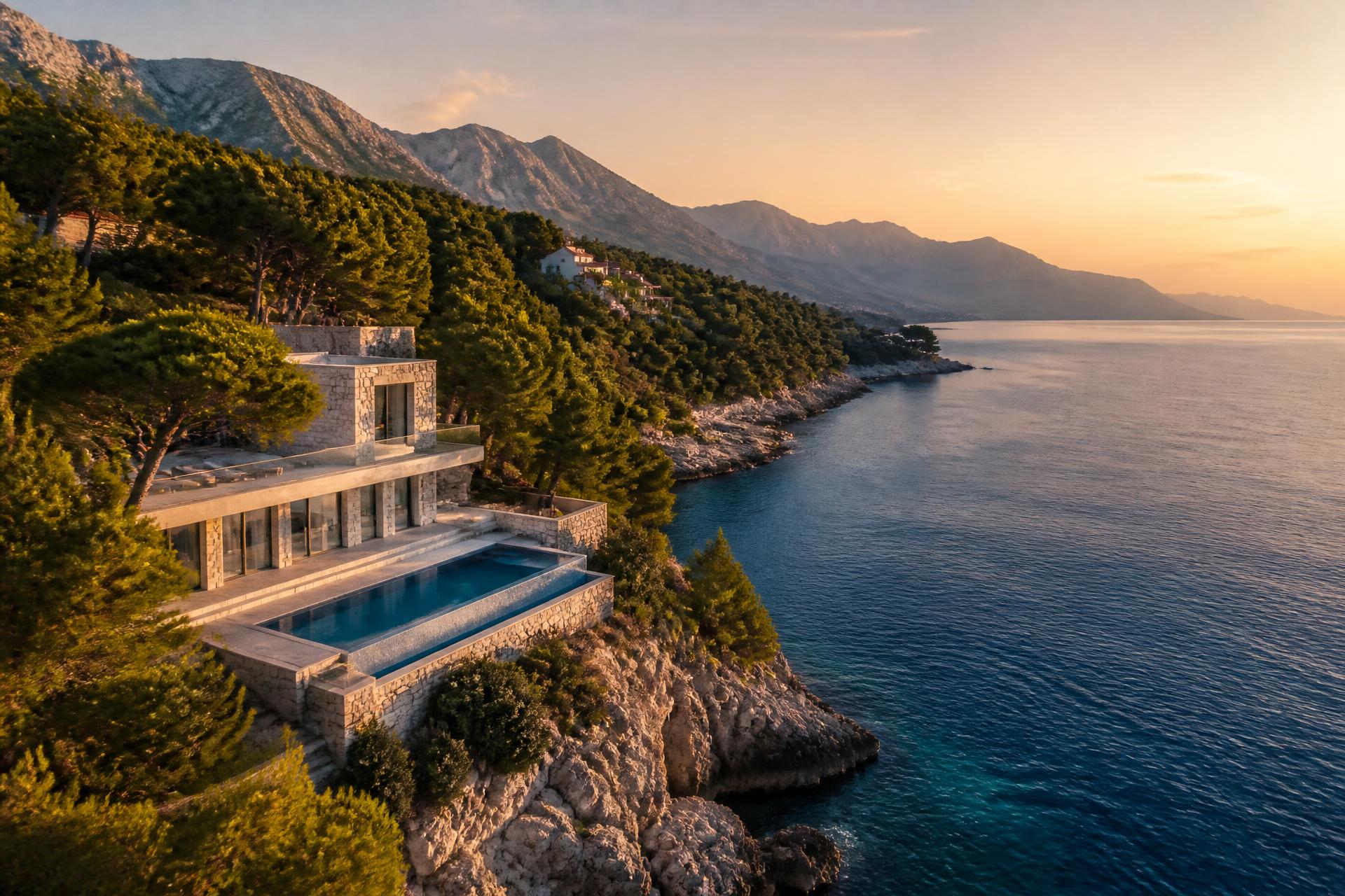 Aerial view of a modern stone villa above the Adriatic sea on the Dalmatian coast at golden hour