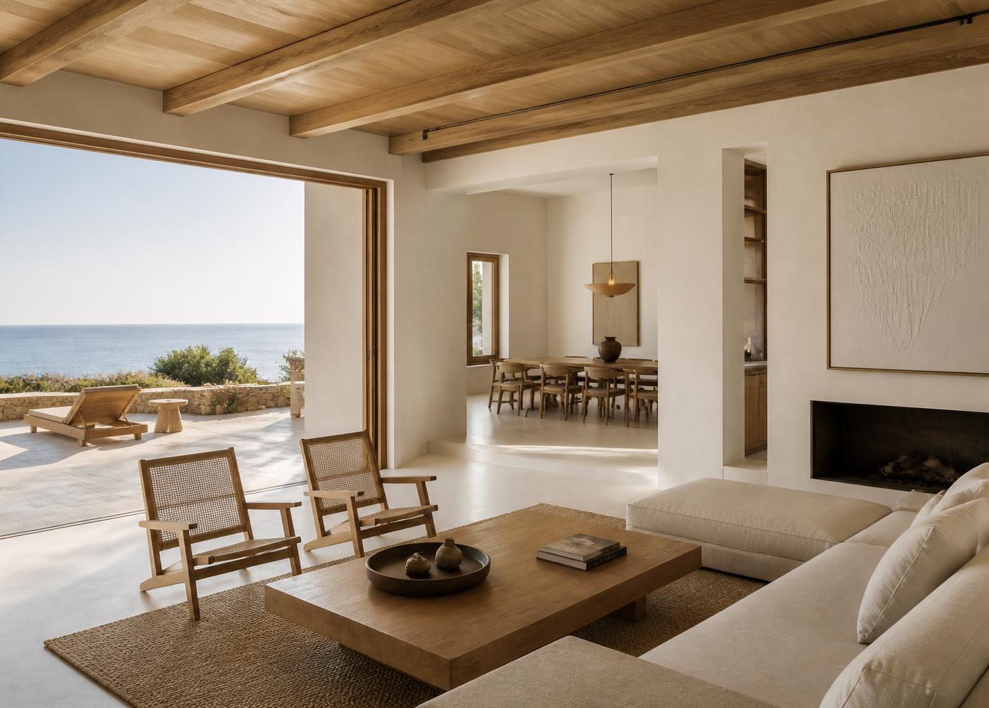 Villa living room with sea view prepared for guests by NATATU Hospitality
