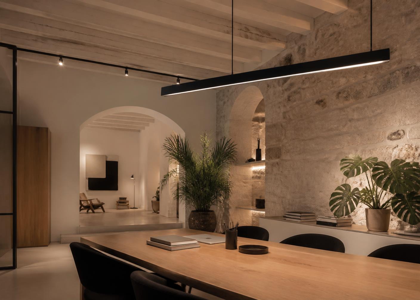 NATATU Studio: a calm creative space with stone walls and an oak worktable
